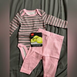 Hanes Striped Pink and Gray Baby Set Size 0-6M